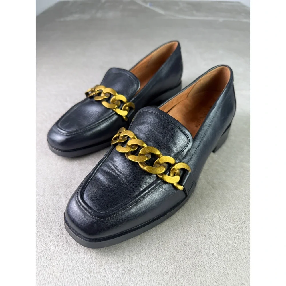 Vionic Mizelle Black Leather Chain Link Loafers Size 6.5 Square Toe Flats Womens